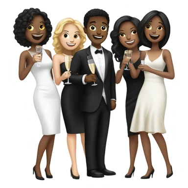 Group of 5 smiling women with black dresses, one boy black suit and a woman with white dress clinking champagne sticker