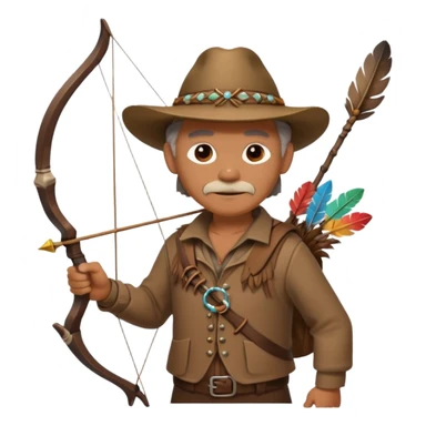 The classic image of a middle-aged uncle hunter carrying a bow, dressed in brown clothes, with some ornaments made of feathers, bones or teeth on his body. sticker