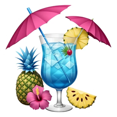vibrant tropical fruity blue cocktail with hibiscus, pineapple slice, and paper umbrella garnish sticker