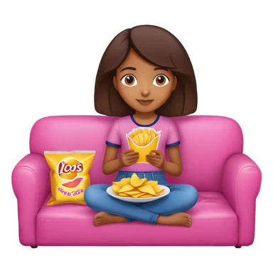 home brown girl with plate of chips, sitting at the pink sofa sticker
