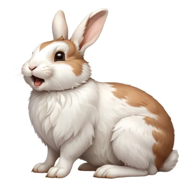 Cinematic Cute Yawning White and Brown Rabbit Portrait Emoji, Head tilted slightly with a dramatic, wide-open yawn, showcasing a soft, patterned fur with crisp white and warm brown patches, floppy ears slightly drooping, round eyes barely open in drowsy contentment, Simplified yet irresistibly adorable features, highly detailed, glowing with a soft, cozy glow, high shine, relaxed yet expressive, stylized with a touch of whimsy, bright and endearing, soft glowing outline, capturing the essence of a sleepy yet affectionate bunny, so drowsy it feels like it could stretch out of the screen and curl up for a nap! sticker