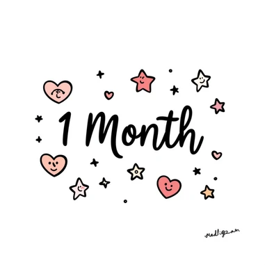 A cute pastel celebration design with sparkles and hearts, featuring "1 Month" in elegant handwriting, surrounded by friendship symbols like stars, pinky promise hands, smiling faces, and flowers. Warm and magical like a scrapbook memory collage for celebrating friendship. sticker