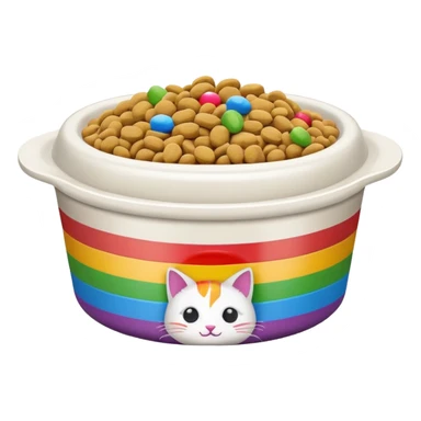 cat food bowl filled to the brim with food stacked above the rim, white kibble with rainbow accents, apple emoji style sticker
