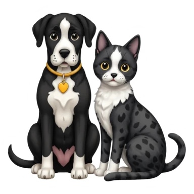 Black and white great dane dog sitting with a black and white cat sticker