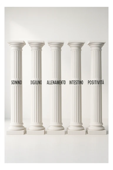 5 pilastri con le scritte "SONNO", "DIGIUNO", "ALLENAMENTO", "INTESTINO", "POSITIVITà" IMMAGINE IPERREALISTICA SFONDO CHIARO IN ITALIANO sticker