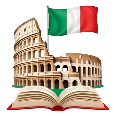 An icon featuring the Colosseum and the flag of Italy, symbolizing the Italian language. The design includes an open book with Italian phrases, representing language learning and cultural heritage. Transparent background sticker