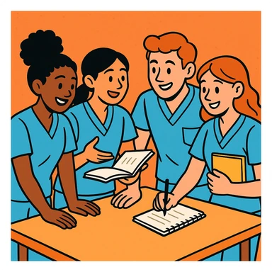 four nursing students collaborating, short-sleeve nurse uniforms, no stethoscope, friendly atmosphere, modern cartoon style sticker