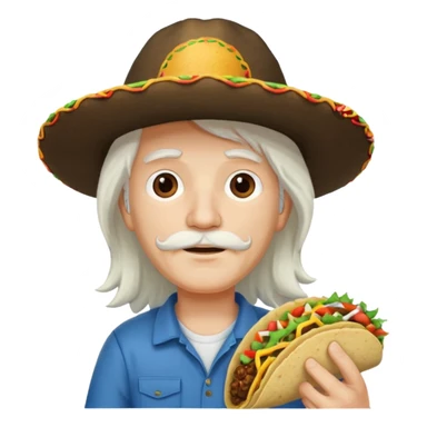 man holding taco with long white hair and cap sticker