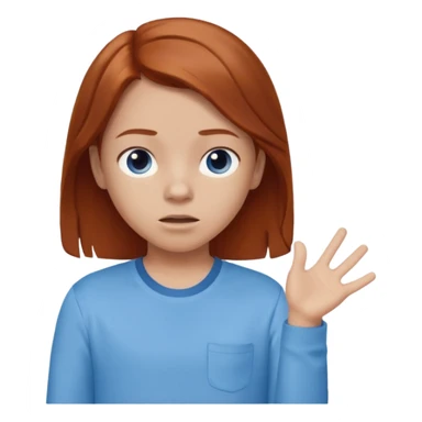 shrugging emoji tween auburn hair light blue shirt with a darker blue L sticker