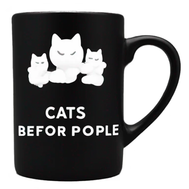 Black coffee mug with writing in white that says cats before people sticker