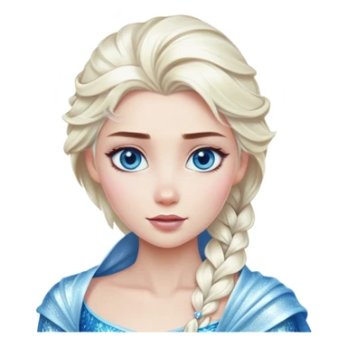 Cinematic Realistic Elsa Portrait, depicted with lifelike skin texture, soft natural lighting, and intricately detailed platinum blonde hair styled elegantly. Her striking, expressive blue eyes exude confidence and grace, complemented by a serene and regal expression. She is dressed in her signature icy attire, with shimmering fabric textures and delicate folds that catch the light beautifully. The portrait features a soft, enchanting glow with a cool, radiant finish, capturing the essence of timeless elegance in a realistic and painterly style, evoking a sense of depth and authenticity. sticker