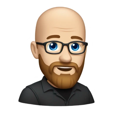 Bald, Caucasian, sky-blue-eyed, Psychotherapist in a modern colorful chair. He has a brown full beard and he’s Wearing a black dress shirt with a subtle pattern, blue jeans and black Chelsea boots with his legs separted leaning forward grey in goatee sticker