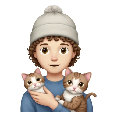 a pale boy with shoulder length curly brown hair with a beanie on holding a hairless cat sticker