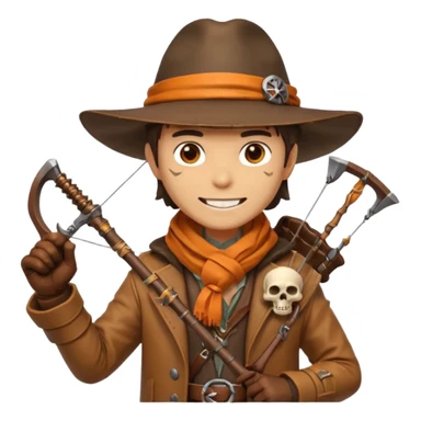 male human monster hunter emoji, wearing brown leather coat and wide hat, holding crossbow, with amulet shaped like skull, Halloween fantasy theme, confident smile, orange scarf, Apple emoji style, clean white background, square image sticker
