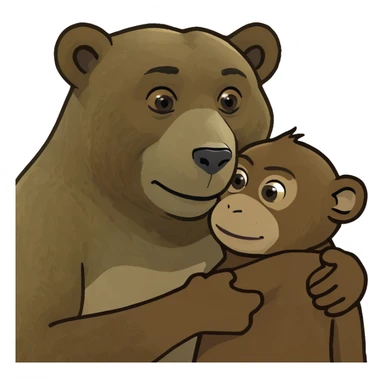 A brown bear cuddling a monkey  sticker