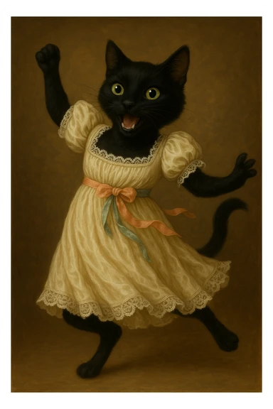 Make the black cat more playful with an energetic stance and happy face, still in Regency dress with lace and ribbons inspired by Pride and Prejudice. Emphasize playfulness and energy while preserving the detailed Regency attire. sticker