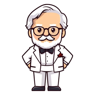 Colonel Sanders KFC, old man with white hair, white goatee, black bow tie, white suit, glasses sticker