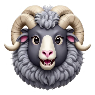 Cinematic Comical Ram Portrait Emoji, Head tilted dramatically with an exaggeratedly amused expression, featuring a striking woolly grey fur with impressively curled horns, wide, expressive dark eyes filled with playful disbelief, Simplified yet hilariously expressive features, highly detailed, glowing with a slightly sassy glow, high shine, dramatic yet playful, stylized with an air of cheeky mischief, bright and endearing, soft glowing outline, capturing the essence of a spirited and over-the-top ram, so meme-worthy it feels like it could butt its way into internet fame instantly! sticker