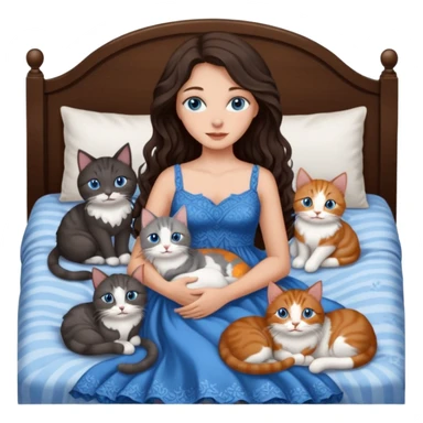 detailed realistic looking a dark grey and white cat regally laying with six other cats, cuddling with their owner in bed who is a pretty bratz lightly tanned white girl with long dark brown hair, blue eyes and gorgeous long wavy hair wearing a pretty detailed dress sticker