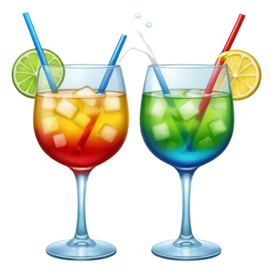 Create an emoji of two cocktails cheers action, one glass of green and yellow color and one glass of blue and red, without any fruit, make a toast asction sticker