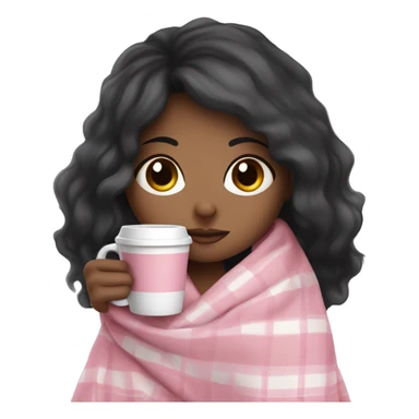 cute Black hair girl wrapped in pastel pink plaid blanket drinking coffee sticker