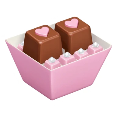 Two square milk chocolate pralines , sharp-edged glossy cubes placed diagonally side by side, each sitting in a small white fluted paper candy cup.
Flat thin pastel pink heart icing centered on top with fine sugar crystal sparkle, clean studio product lighting,  sticker