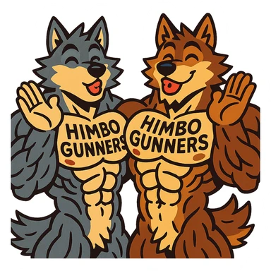 two hyper-muscular wolf furry characters, shirtless, with 'Himbo Gunners' tattoo on their chests, both sending a kiss, big smiles, playful and affectionate, oversized and detailed muscles, intricate fur, ultra high quality sticker