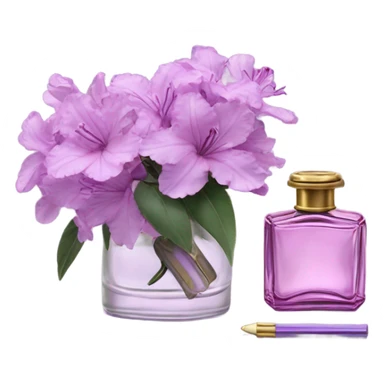 Aesthetic ensemble of soft purple azaleas alongside a charming vintage purple perfume bottle.
 sticker