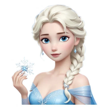 Cinematic Realistic Elsa Portrait, depicted with lifelike skin texture, soft natural lighting, and intricately detailed platinum blonde hair styled elegantly. Her striking, expressive blue eyes exude confidence and grace, complemented by a serene and regal expression. She holds a shimmering snowflake delicately in one hand, her other hand resting against her gown, embodying the power and beauty of winter. She is dressed in her signature icy attire, with shimmering fabric textures and delicate folds that catch the light beautifully. The portrait features a soft, enchanting glow with a cool, radiant finish, capturing the essence of timeless elegance in a realistic and painterly style. sticker
