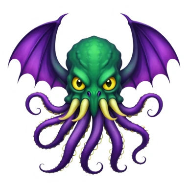 deep green Cthulhu with purple bat wings and purple gradient tentacles. Yellow angry eyes. yellow suckers on tentacles. dramatic ominous shading. two saber-teeth sticker
