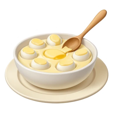 a dozen eggs, a ceramic mixing bowl with a wooden spoon and a plate of butter sticker