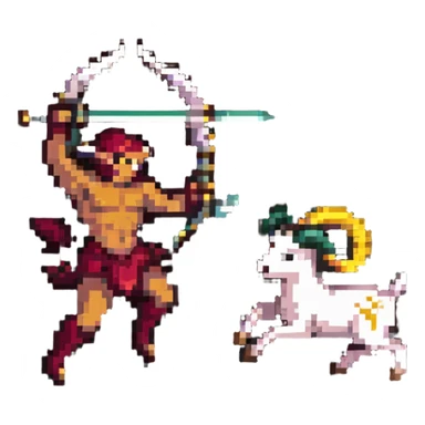 Sagittarius defeating Aries ram, pixel art style sticker