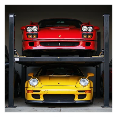 realistic front view of a Ferrari F40 on a car lift with a yellow Porsche GT3 RS underneath, both cars fully visible, transparent background sticker