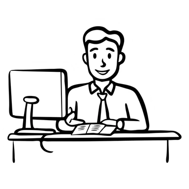 Manager at desk with computer and documents sticker