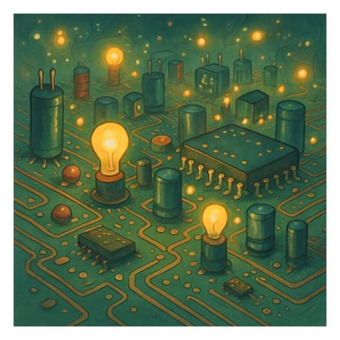 whimsical circuit elements and glowing lights, electronics engineering concept, ghibli style sticker