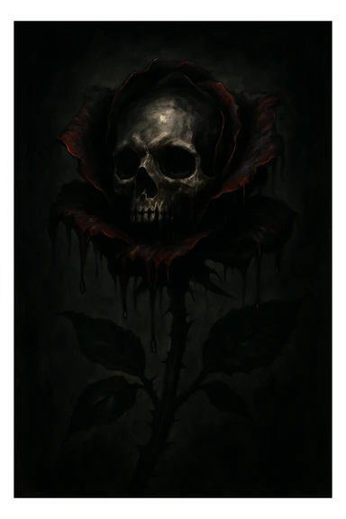A rose with a skull for a bloom, petals appear to be crying or melting, dark and dramatic gothic style sticker