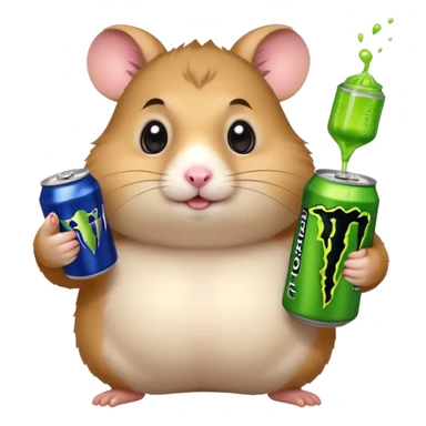 Funny cartoon-style fat hamster with big wide eyes  holding a can of monster energy in one hand and redbull in the other hand sticker