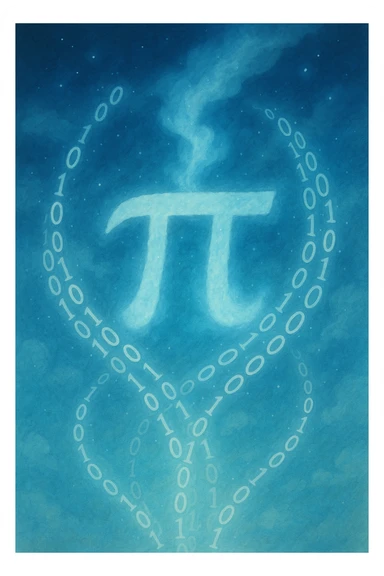  combine the π (pi) math symbol, binary code, and digital mist emerging from it. sticker