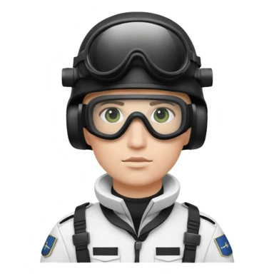 A Finnish modern soldier in a white snow uniform. with black night vision goggles sticker