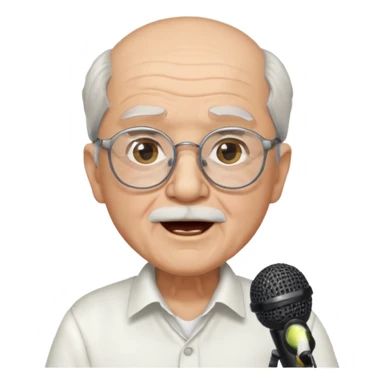 singer, Old man, singing to mic, white shirt glasses sticker