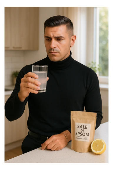 A realistic, bright photo-style image of a young man in his 30s standing in his kitchen, holding a clear glass filled with water in which Epsom salt (magnesium sulfate) has been dissolved. He looks focused but slightly uncertain as he prepares to drink it for a liver flush or digestive cleanse. The glass shows slight cloudiness from the dissolved salt. On the counter are a packet labeled 'Sale di Epsom' and a sliced lemon, suggesting he might use it to mask the taste. The setting is clean, natural, and bright with neutral tones. The background shows sunlight streaming through a window, emphasizing a clean, minimalist health-focused environment. The mood conveys a realistic, calm moment of self-care with a hint of discomfort, illustrating a natural detox practice in italiano sticker