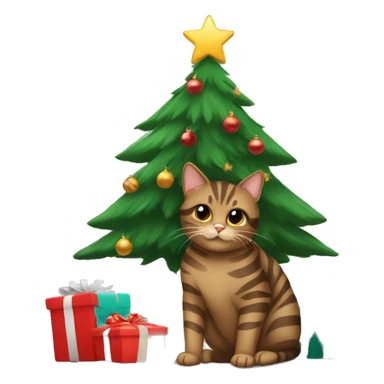 Brown striped cat sitting under a Christmas tree  sticker