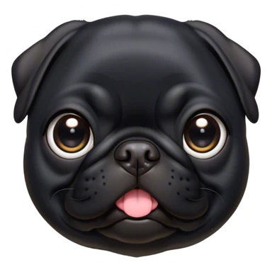 Cinematic Cute Black Pug Portrait Emoji, Head tilted playfully and inquisitively, featuring a glossy black coat with a smooth finish, round, sparkling dark eyes filled with curiosity, Simplified yet irresistibly adorable features, highly detailed, glowing with a warm, friendly glow, high shine, affectionate and lively, stylized with a touch of whimsy, bright and endearing, soft glowing outline, capturing the essence of a mischievous yet loving pup, so playful it feels like it could bounce out of the screen and into your arms! sticker