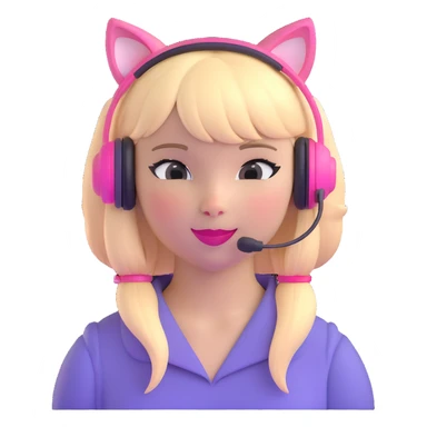 sassy blond girl with straight hair, short bangs, pink kitty-ear headset, pink lips, winking sticker