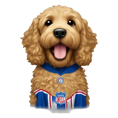 Golden Labradoodle wearing Rangers jersey sticker