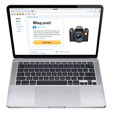 Create an emoji representing blogging. The design should feature an open laptop with a visible blog post on the screen, showing text. Add a photo or video camera to emphasize multimedia content. Do not include any emojis or smiley faces. Make the background transparent. sticker