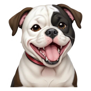 Cinematic Cute Yawning Black and White American Bulldog Portrait Emoji, Head tilted slightly with a dramatic, wide-open yawn, short black and white fur with a velvety texture, floppy ears slightly drooping, round brown eyes barely open in drowsy contentment, Simplified yet irresistibly adorable features, highly detailed, glowing with a soft, cozy glow, high shine, relaxed yet expressive, stylized with a touch of whimsy, bright and endearing, soft glowing outline, capturing the essence of a sleepy yet affectionate pup, so drowsy it feels like it could stretch right out of the screen and curl up for a nap! sticker