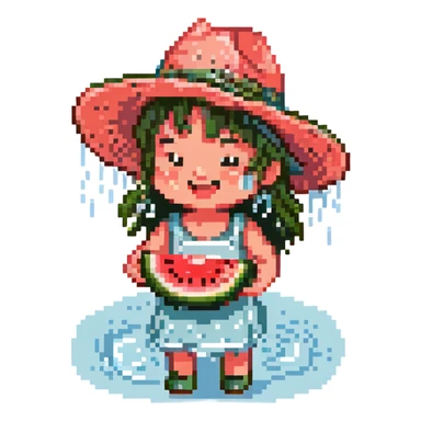 happy kid with a wide-brimmed hat enjoying watermelon, river sparkles, water droplets, pixel art, summer scene sticker