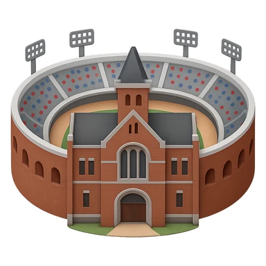 Adjust the emoji of Franklin Field so that the stadium curves around with both ends of the horseshoe-shaped stadium facing the front. Make Weightman Hall much wider as it is in reality. Keep the view focused on the front of Weightman Hall with the stadium surrounding it. Maintain realistic, lifelike detail, accurate colors, and bright lighting. The background should be transparent. sticker