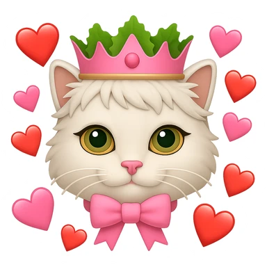 Make the hearts larger around the white cat with a pink bow and a green lettuce crown in the style of emoji. Remove the background. sticker